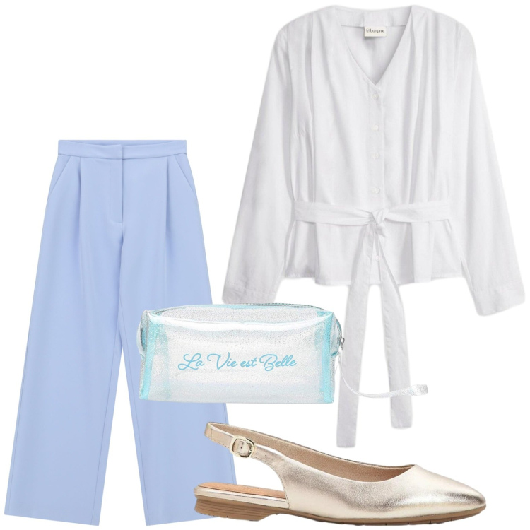 Outfit donna - Glam style. Stile Casual per Tutti i giorni. Abbinamento con camicie, ballerine, valigie, pantaloni.