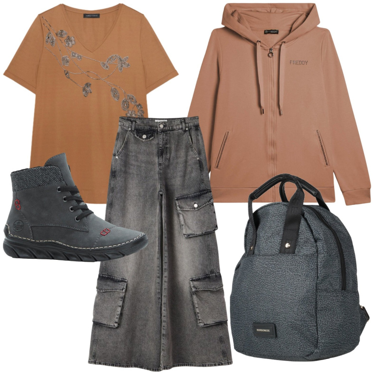 Outfit donna - Weekend in montagna. Stile Urban per Tutti i giorni. Abbinamento con zaini, stivaletti, jeans, t-shirt, felpe sportive.