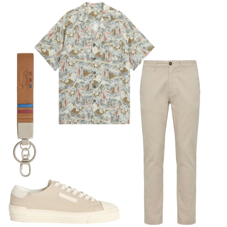 Outfit uomo - Pattern tropicale. Stile Casual per Tutti i giorni. Abbinamento con sneakers, portachiavi, pantaloni, camicie a manica corta.