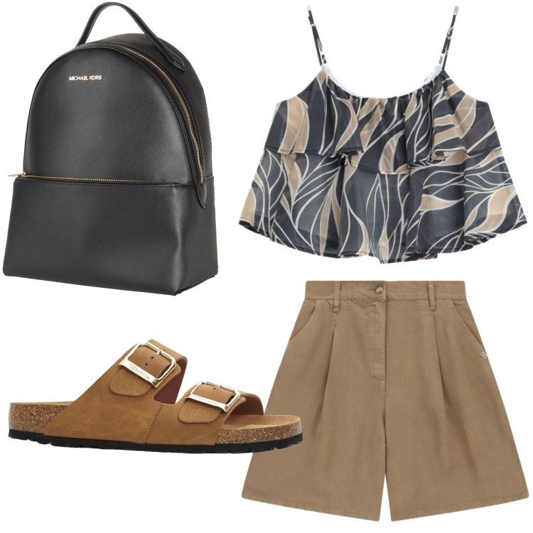 Outfit donna - Stile savana. Stile Basic per Tutti i giorni. Abbinamento con zaini, ciabatte, bermuda, top.