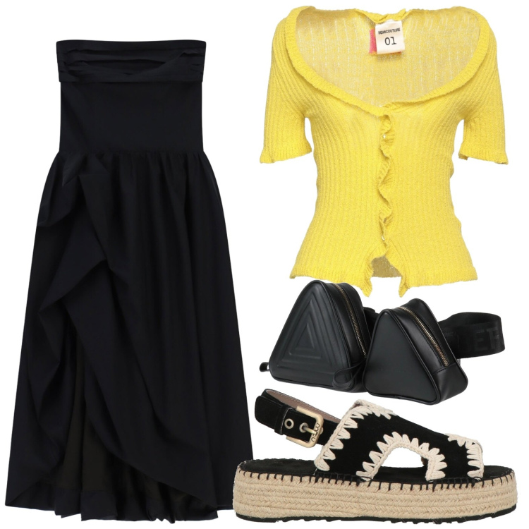 Outfit donna - Cardigan solare. Stile Chic per Serata fuori. Abbinamento con cardigans, marsupi, espadrillas, vestiti asimmetrici.