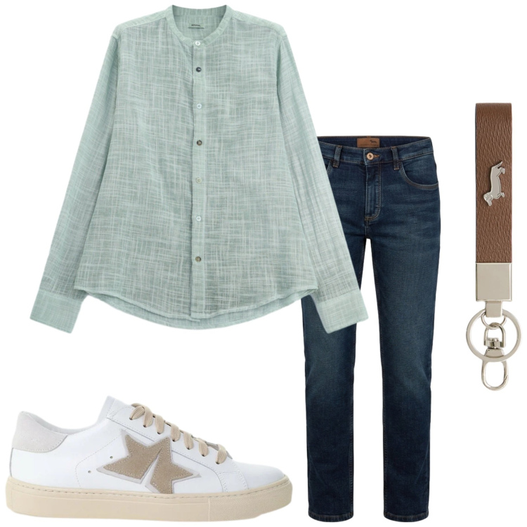 Outfit uomo - Look estivo. Stile Casual per Tutti i giorni. Abbinamento con portachiavi, jeans, sneakers, camicie.