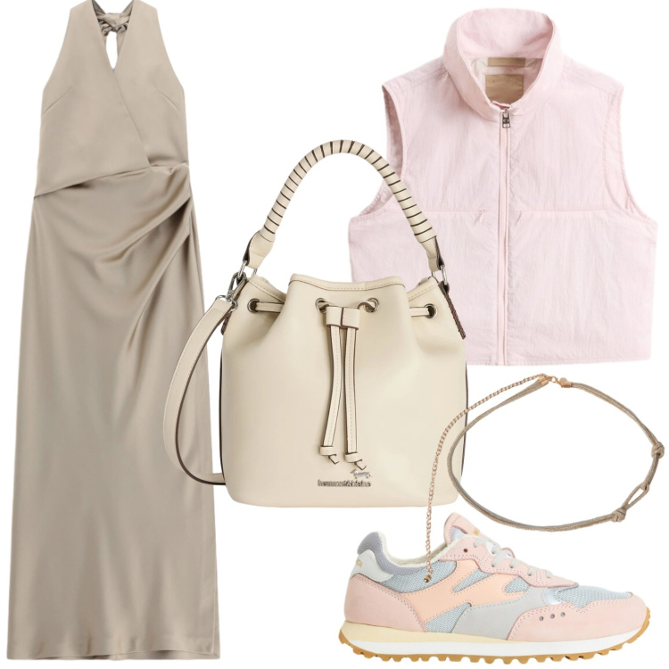 Outfit donna - Vestito arricciato. Stile Casual per Serata fuori. Abbinamento con vestiti lunghi, borse a secchiello, cinture, sneakers, gilet.