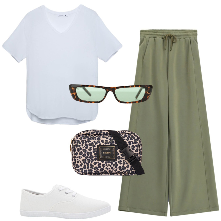 Outfit donna - Total look #2436863. Stile Sporty chic per Tutti i giorni. Abbinamento con sneakers, t-shirt, pantaloni a palazzo, occhiali da sole, marsupi.