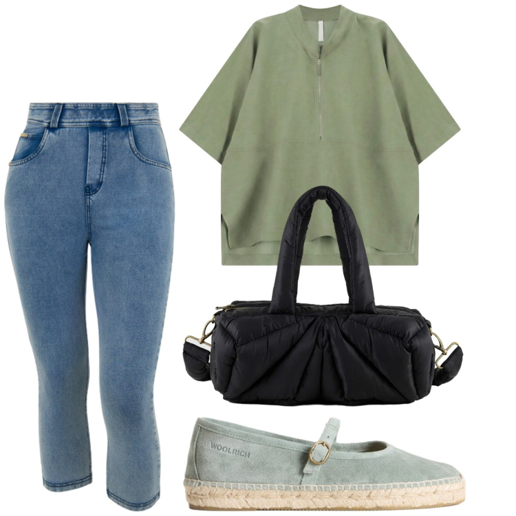 Outfit donna - Maglia salvia naturale. Stile Casual per Tutti i giorni. Abbinamento con polo, jeans skinny, borse a mano, espadrillas.