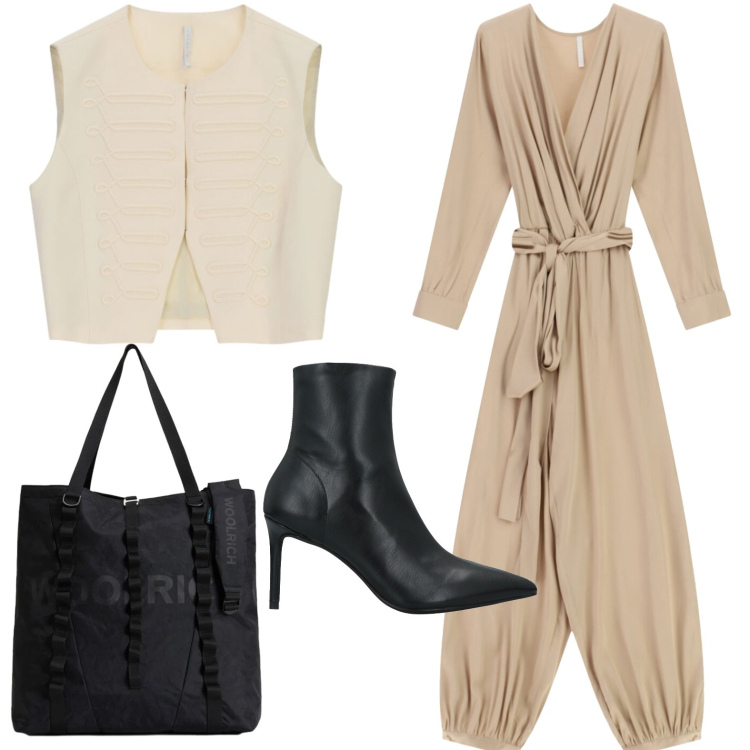 Outfit donna - Tuta glam. Stile Casual per Ufficio. Abbinamento con stivaletti, tute, gilet, borse tote.