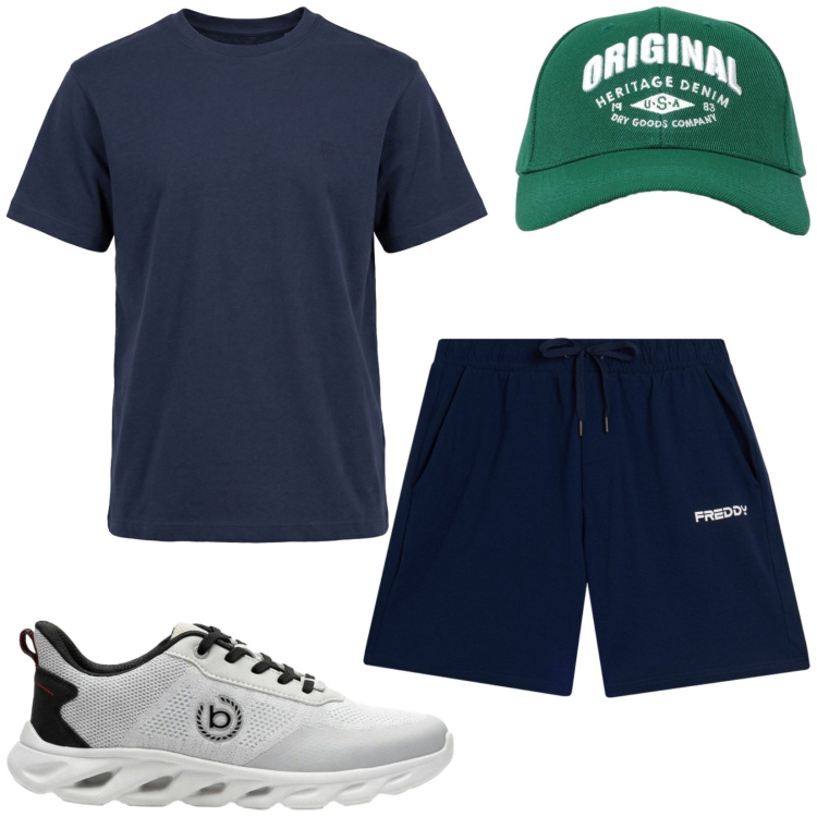 Outfit uomo - Total look #2436878. Stile Trendy per Sport. Abbinamento con sneakers, t-shirt, cappelli con visiera, pantaloni corti.