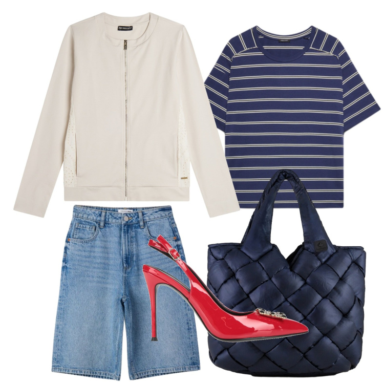 Outfit donna - Marines chic. Stile Casual per Tutti i giorni. Abbinamento con décolleté, bermuda, t-shirt, felpe, borse tote.