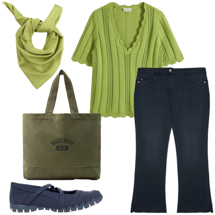 Outfit donna - Total look #2436880. Stile Casual chic per Tutti i giorni. Abbinamento con bluse, ballerine, jeans dritti, borse tote, foulard.