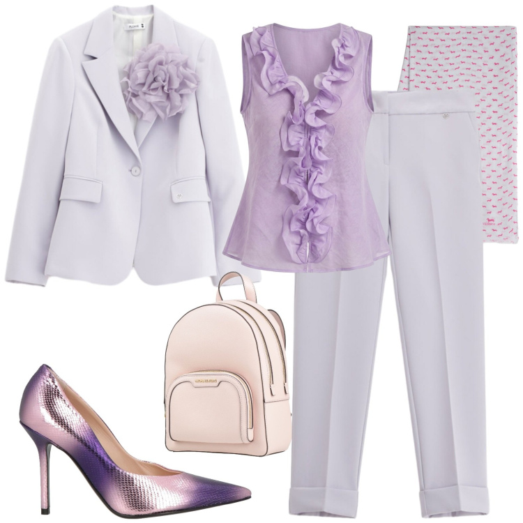 Outfit donna - Cerimonia. Stile Chic per Cerimonia. Abbinamento con décolleté, zaini, sciarpe, blazer, pantaloni, camicie a manica corta.