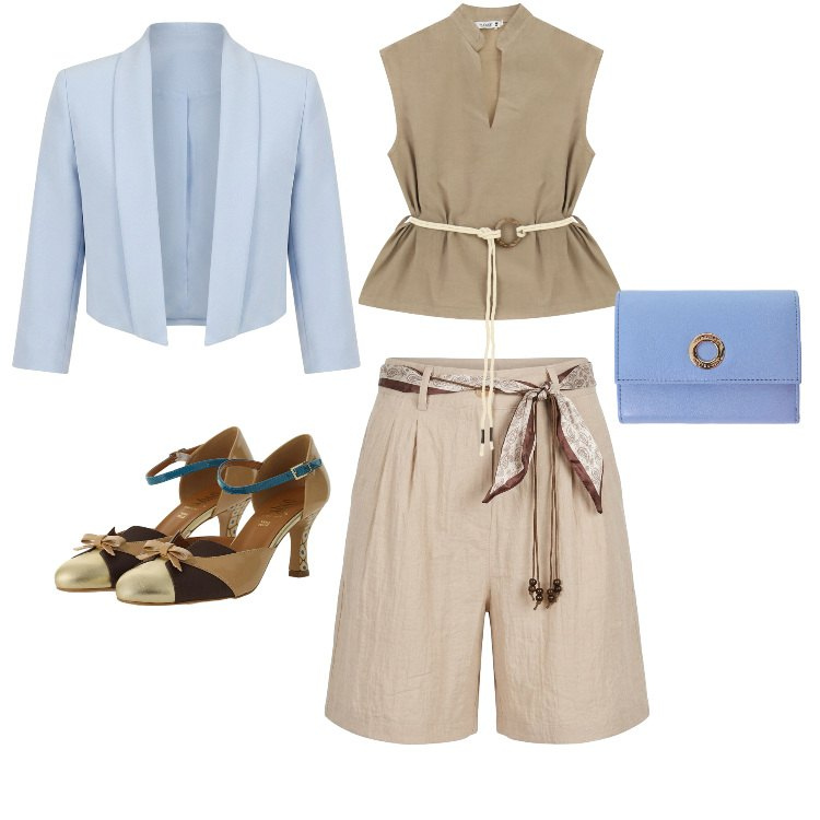 Outfit donna - Sabbia e celste. Stile Bon Ton per Serata fuori. Abbinamento con bolero, portafogli, camicie, décolleté, bermuda.