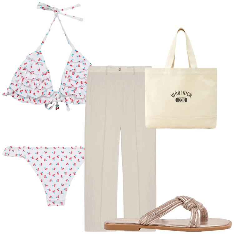 Outfit donna - Total look #2436899. Stile Trendy per Mare. Abbinamento con bikini, bikini, sandali, pantaloni, borse tote.