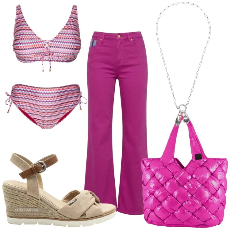 Outfit donna - Total look #2436901. Stile 70s per Mare. Abbinamento con sandali col tacco, pantaloni, ciondoli, bikini, borse tote.