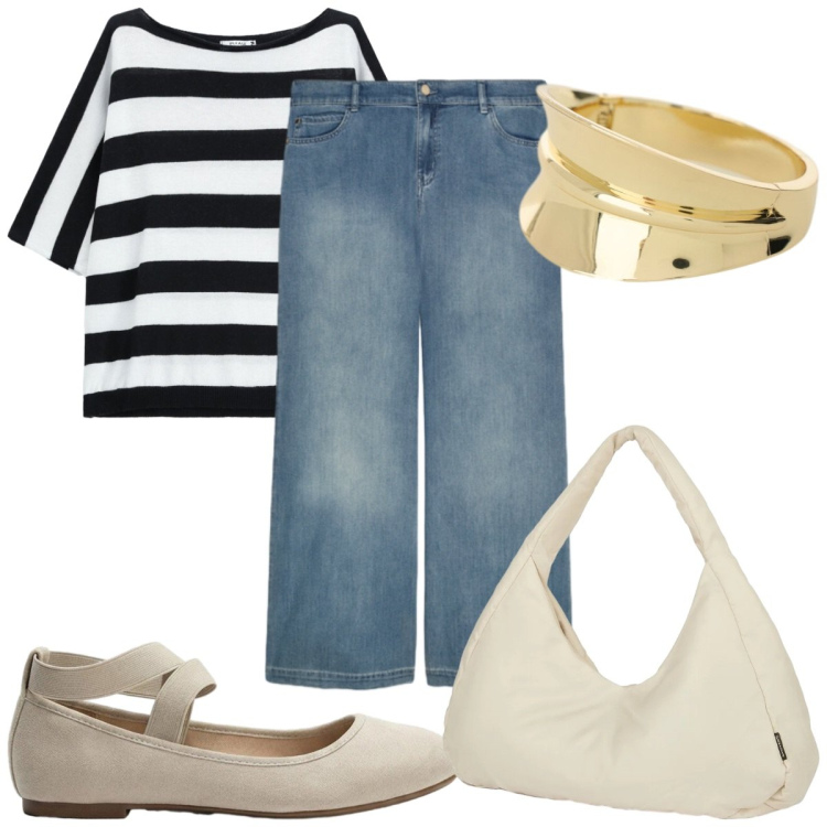 Outfit donna - Total look #2436907. Stile Casual chic per Tutti i giorni. Abbinamento con ballerine, braccialetti, top, jeans dritti, borse a spalla.