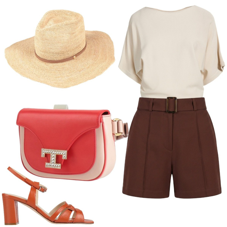 Outfit donna - Vacanziera da museo. Stile Trendy per Mare. Abbinamento con marsupi, cappelli, sandali in pelle, pullovers, shorts.