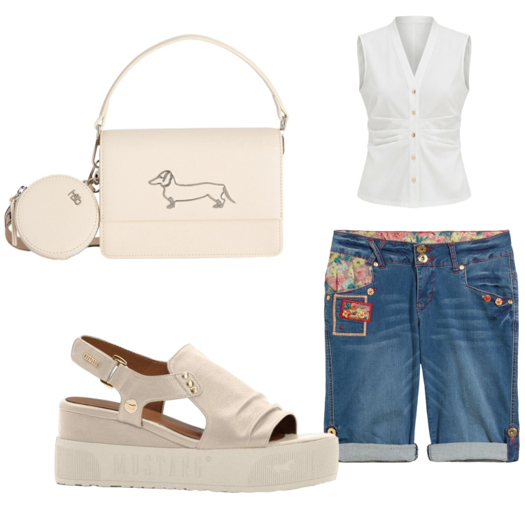 Outfit donna - Camicia e shorts. Stile Basic per Tutti i giorni. Abbinamento con sandali, bermuda, camicie a manica corta, borse a tracolla.
