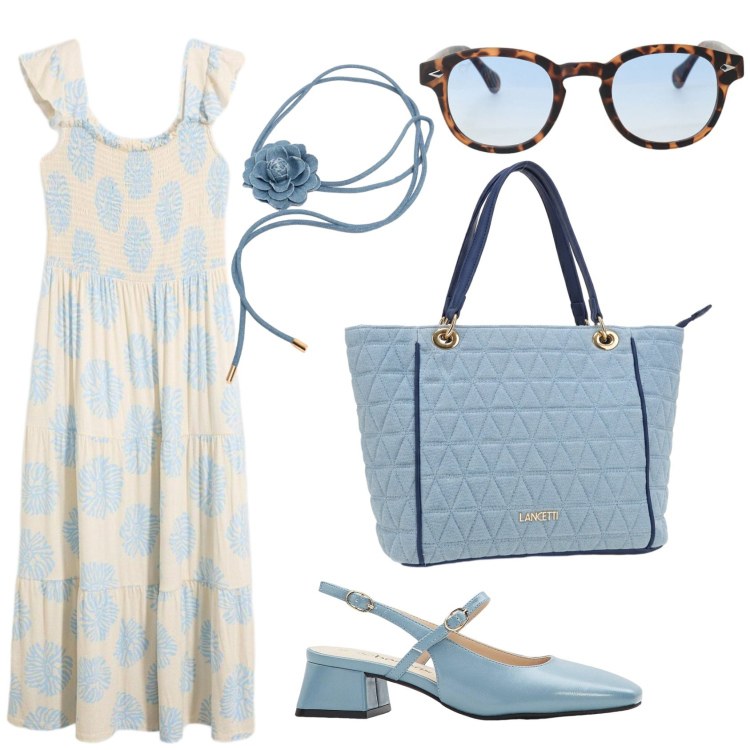 Outfit donna - Domeniche al sole. Stile Casual chic per Tutti i giorni. Abbinamento con vestiti, décolleté, occhiali da sole, cinture, borse a spalla.