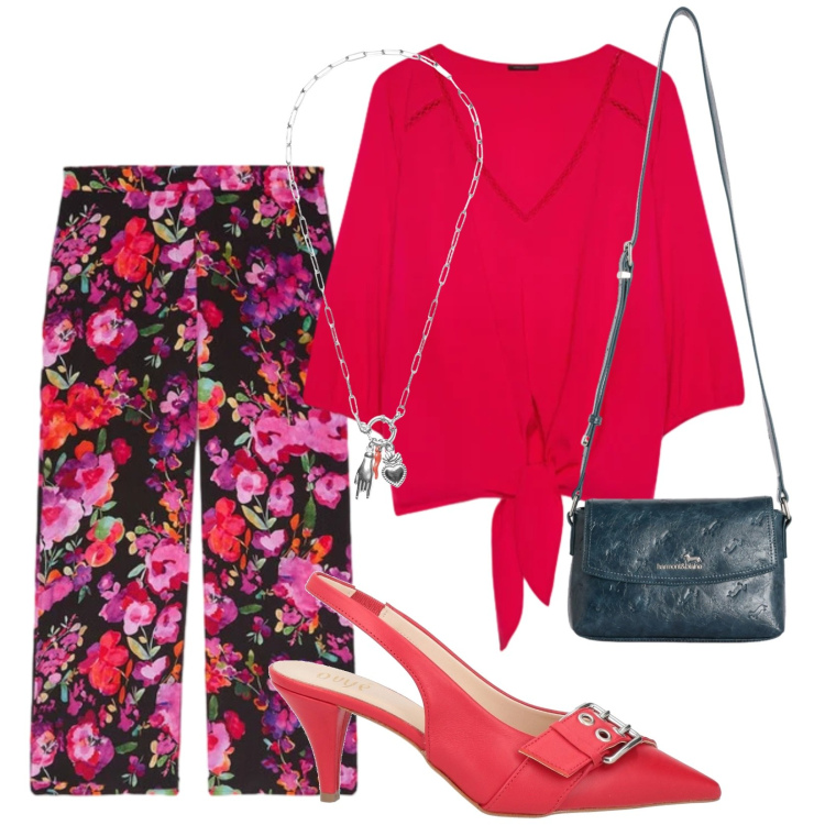 Outfit donna - Passeggiata con le ragazze. Stile Casual chic per Tutti i giorni. Abbinamento con décolleté, borse a tracolla, pantaloni, bluse, ciondoli.
