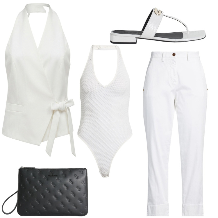 Outfit donna - Dalla spiaggia all\' aperitivo. Stile Chic per Tutti i giorni. Abbinamento con body, ciabatte, pantaloni, anelli, gilet.
