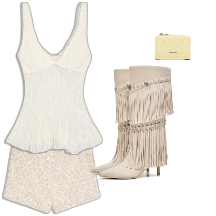 Outfit mujer - Sexy #359. Estilo Sexy para Noche/Fiesta elegante. Combinación con monederos, top, shorts, botas.