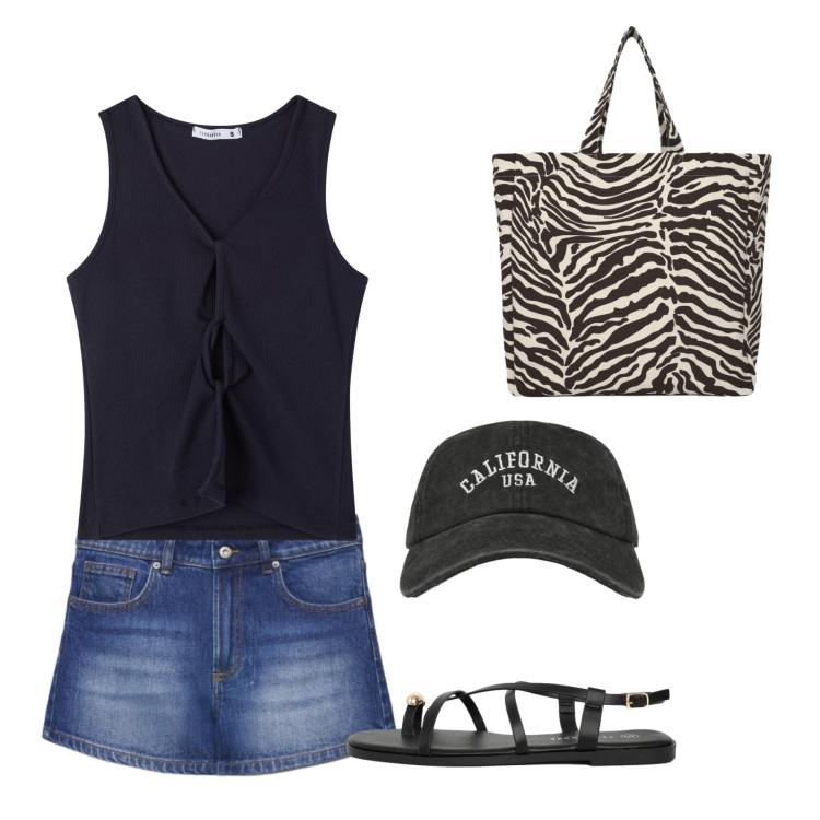 Outfit donna - Shorts. Stile Casual per Mare. Abbinamento con shorts, top, cappelli con visiera, sandali, shopping bag.