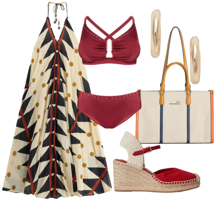 Outfit donna - Coordinato marittimo. Stile Bon Ton per Mare. Abbinamento con borse tote, bikini, orecchini, zeppe, vestiti lunghi.