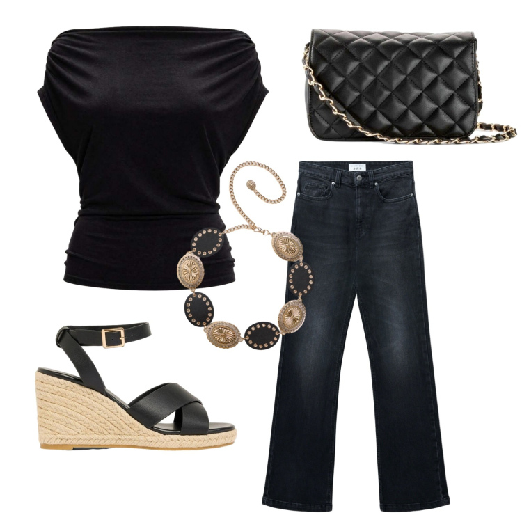 Outfit donna - Total look #2436954. Stile Casual chic per Serata fuori. Abbinamento con zeppe, borse a tracolla, jeans bootcut, cinture, top.