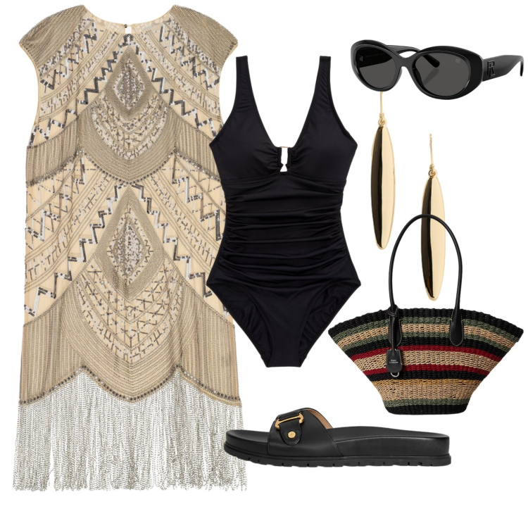 Outfit donna - Party sulla sabbia al tramonto. Stile Casual chic per Mare. Abbinamento con occhiali da sole, borse tote, ciabatte, orecchini, costumi interi, vestiti midi/longuette.