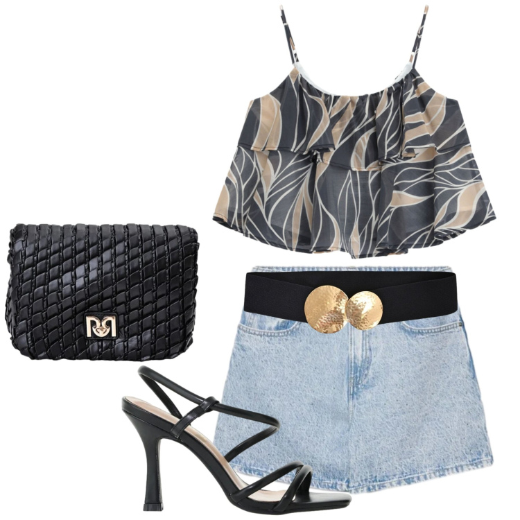 Outfit donna - Rispolvero la mini. Stile Casual chic per Tutti i giorni. Abbinamento con shorts, borse a tracolla, cinture, sandali col tacco, top.