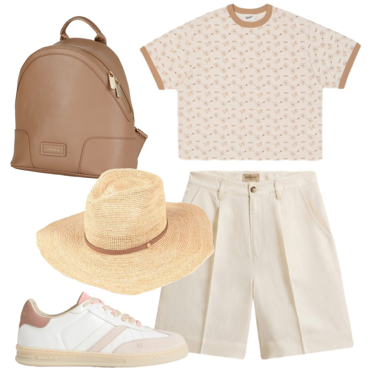 Outfit donna - Venti estivi. Stile Casual per Tutti i giorni. Abbinamento con zaini, cappelli, t-shirt, sneakers, pantaloni corti.