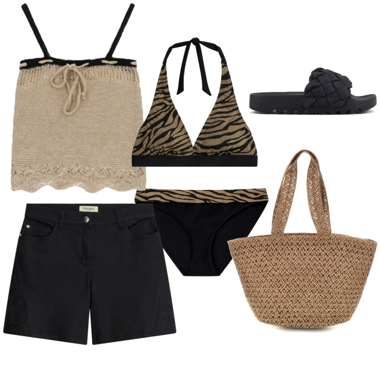 Outfit donna - Riviera. Stile Casual chic per Mare. Abbinamento con bikini, bikini, shorts, maglieria, ciabatte, borse tote.