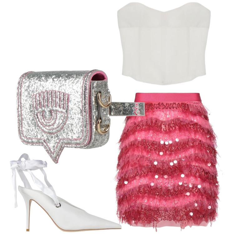 Outfit donna - Brillo di sera. Stile Chic per Serata fuori. Abbinamento con minigonne, marsupi, décolleté, top.