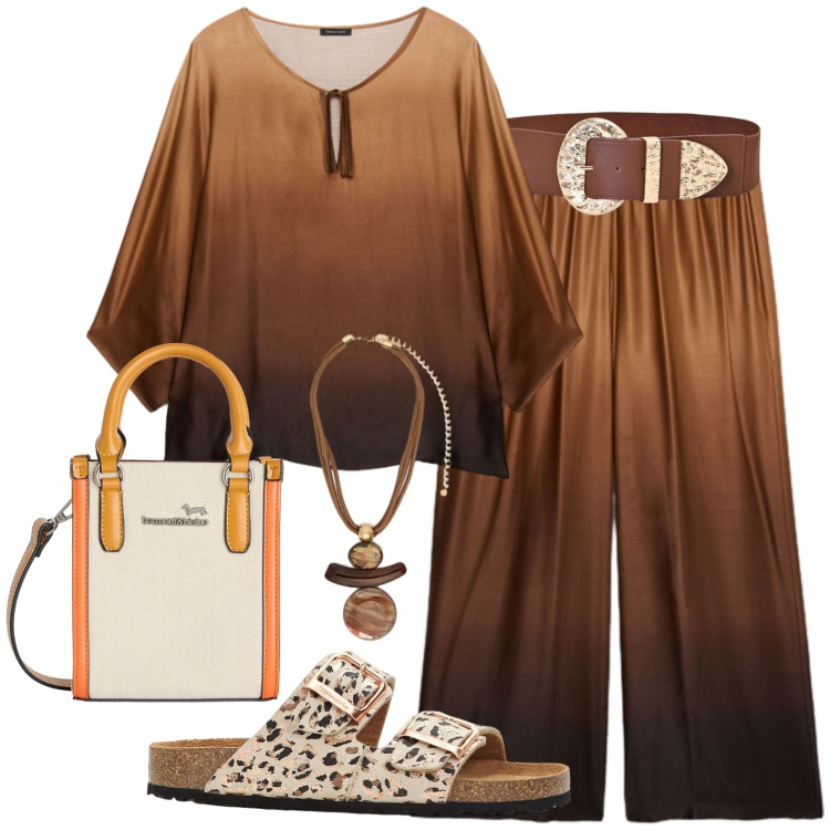 Outfit donna - Total look #2436984. Stile Casual chic per Tutti i giorni. Abbinamento con ciabatte, borse tote, bluse, pantaloni a palazzo, ciondoli, cinture.