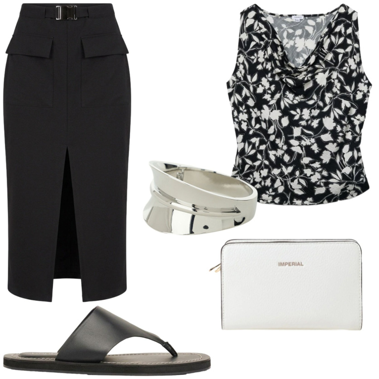 Outfit donna - Aperitivo con le amiche. Stile Chic per Tutti i giorni. Abbinamento con infradito, gonne longuette, canottiere, borse a tracolla, braccialetti.