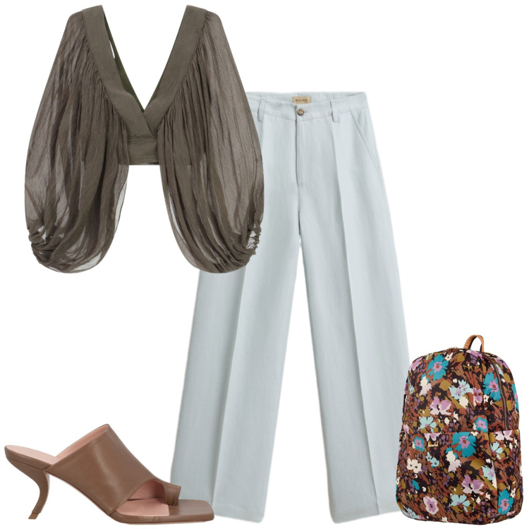 Outfit donna - Casual chic serata estiva. Stile Casual chic per Serata fuori. Abbinamento con valigie, ciabatte, top, pantaloni.