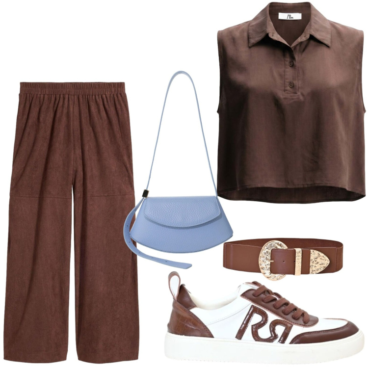 Outfit donna - Capi informali. Stile Glamour per Tutti i giorni. Abbinamento con pantaloni, top, sneakers, cinture, borse a spalla.