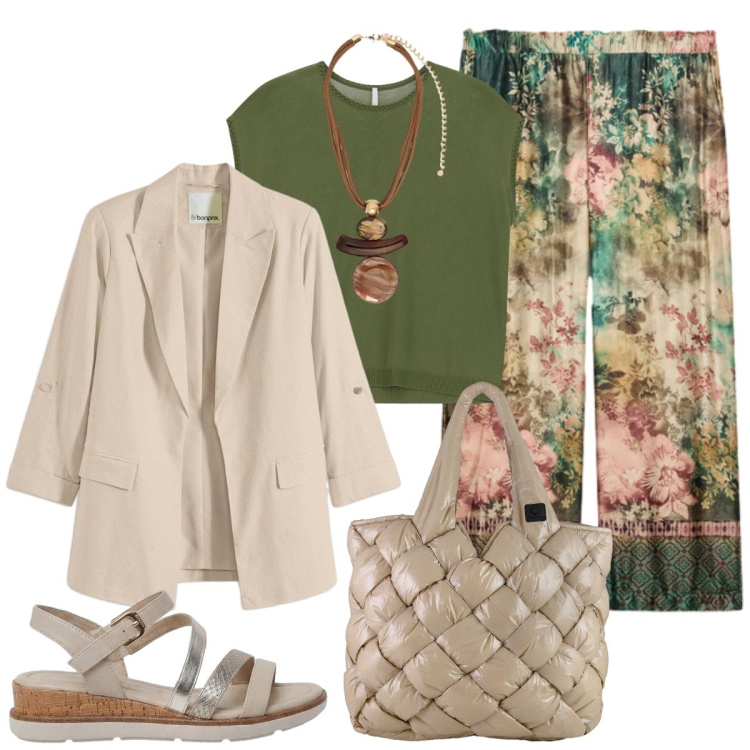 Outfit donna - Chic naturale. Stile Chic per Serata fuori. Abbinamento con blazer, sandali, pantaloni, ciondoli, borse tote, top.