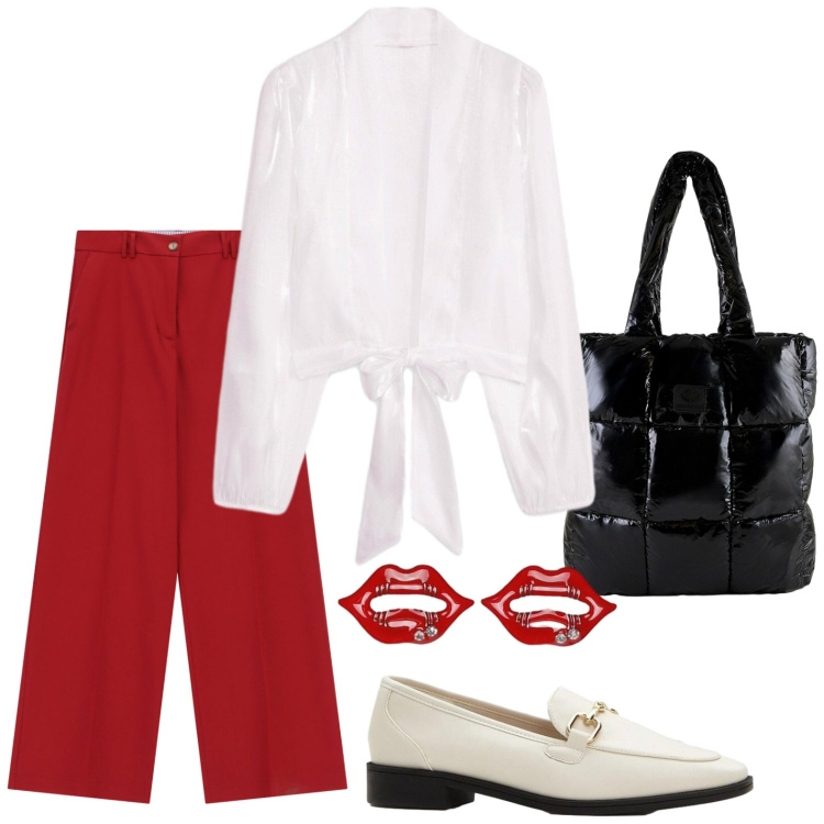 Outfit donna - Eleganza estiva. Stile Casual per Ufficio. Abbinamento con kimono, mocassini, blazer, shopping bag, pantaloni a palazzo.