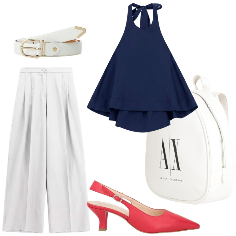 Outfit donna - Top blu profondo. Stile Glamour per Tutti i giorni. Abbinamento con décolleté, zaini, top, cinture, pantaloni a palazzo.