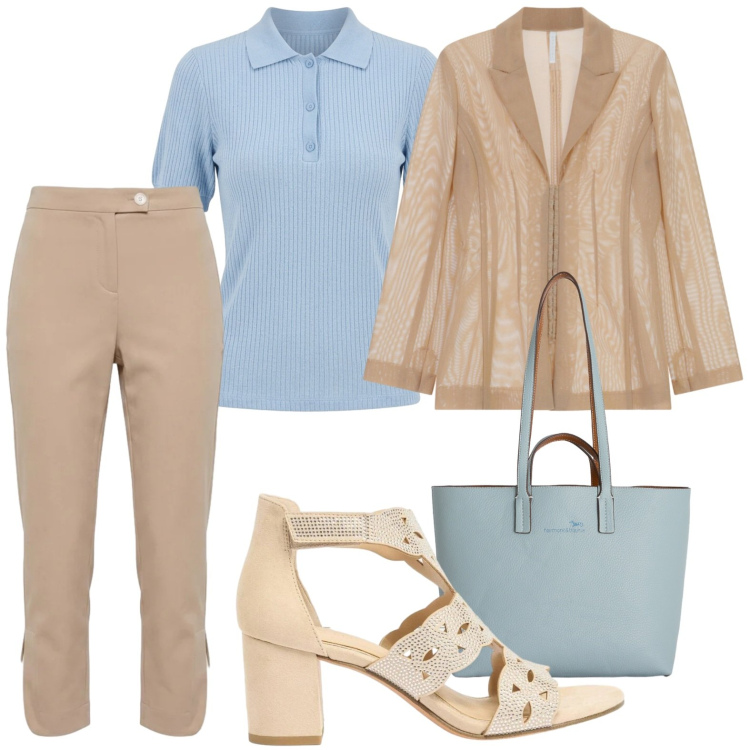 Outfit donna - Guardaroba creativo. Stile Glamour per Ufficio. Abbinamento con sandali col tacco, pantaloni, shopping bag, polo, blazer.