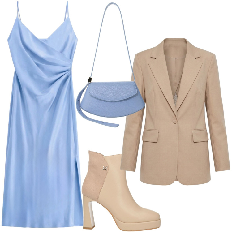 Outfit donna - Abito midi. Stile Chic per Serata fuori. Abbinamento con stivaletti, blazer, vestiti midi/longuette, borse a spalla.