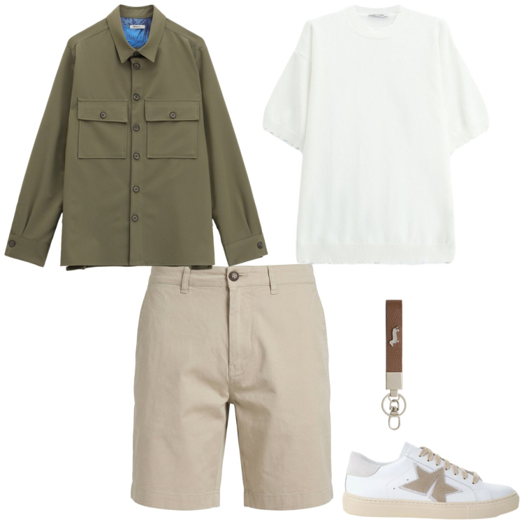 Outfit uomo - Camicia e bermuda. Stile Casual per Tutti i giorni. Abbinamento con portachiavi, bermuda, sneakers, camicie, t-shirt.