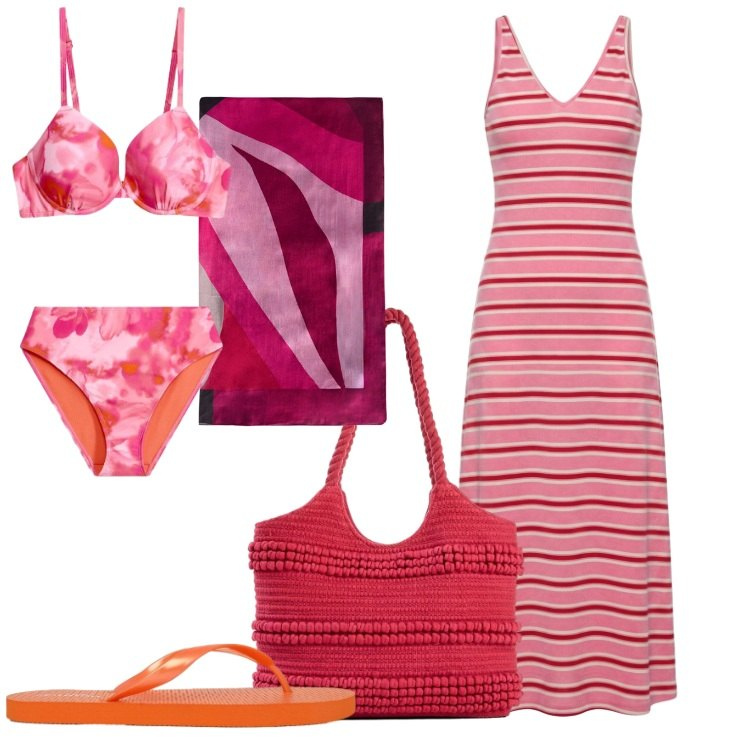 Outfit donna - Stampe che illuminano Donna CurvY. Stile Trendy per Mare. Abbinamento con bikini, shopping bag, vestiti lunghi, infradito, foulard.