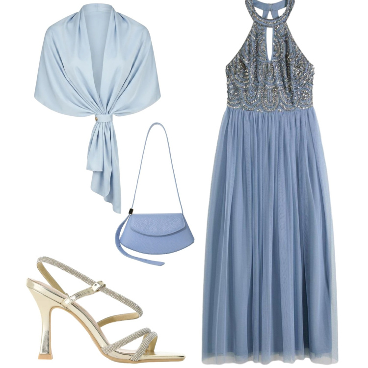Outfit donna - Glamour serata evento speciale. Stile Glamour per Serata fuori. Abbinamento con vestiti lunghi, stole, sandali col tacco, borse a spalla.