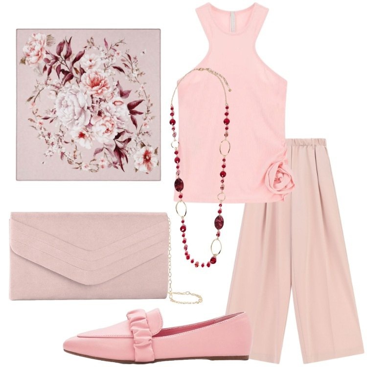 Outfit donna - Pink romantic. Stile Romantica per Serata fuori. Abbinamento con mocassini, clutch, foulard, collane, top, pantaloni a palazzo.