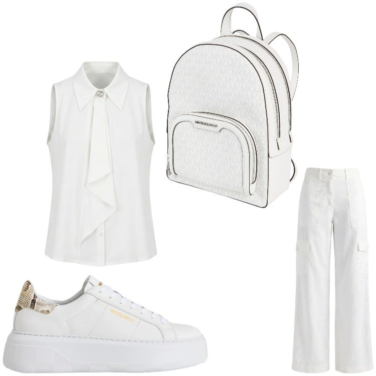 Outfit donna - Turista in bianco. Stile Sporty chic per Tutti i giorni. Abbinamento con zaini, pantaloni cargo, sneakers, top.