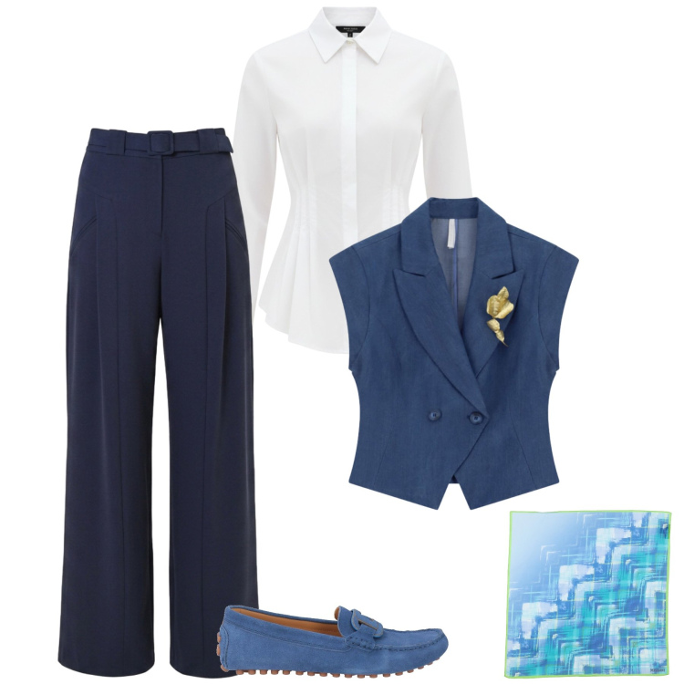 Outfit donna - Mocassini a settembre. Stile Casual chic per Ufficio. Abbinamento con sciarpe, mocassini, camicie, pantaloni a palazzo, gilet.