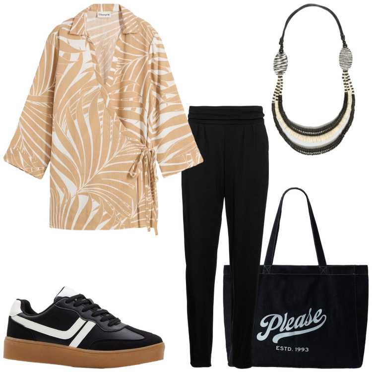 Outfit donna - Total look #2437040. Stile Sporty chic per Tutti i giorni. Abbinamento con pantaloni, bluse, sneakers, collane, shopping bag.