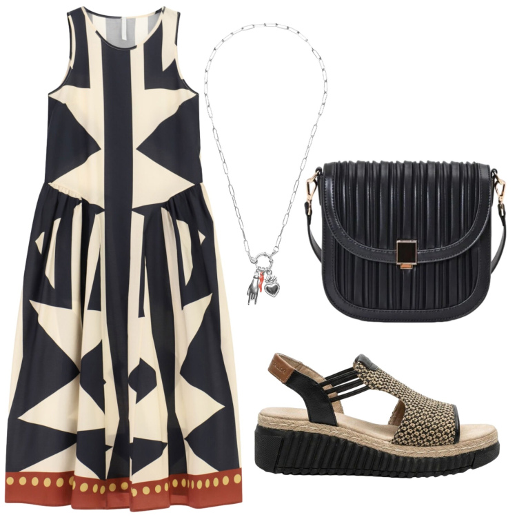 Outfit donna - Total look #2437045. Stile 70s per Ufficio. Abbinamento con sandali, borse a tracolla, vestiti midi/longuette, ciondoli.