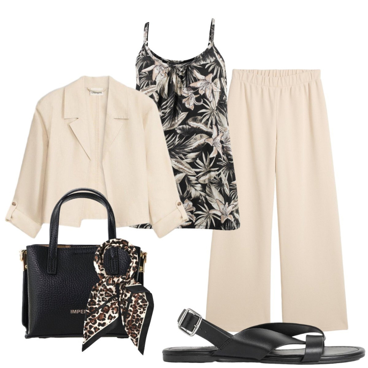 Outfit donna - Serata elegante. Stile Chic per Serata fuori. Abbinamento con blazer, top, pantaloni, sandali, foulard, borse a tracolla.